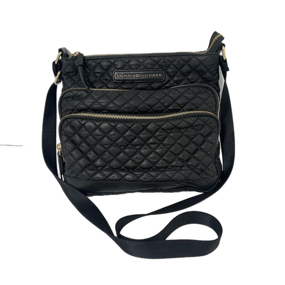 Tommy Hilfiger Quilted Crossbody Bag Medium Size Black Gold Zippers